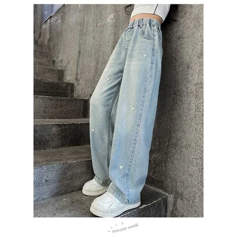 Girls Love Embroidered Wide-leg Pants Summer Thin Fashion 2024 Girls Light Jeans Wear Simple and FashionableT250326