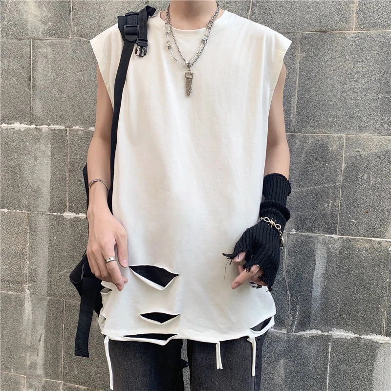 Sleeveless ripped hole mens vest top Korean fashion trend 2xl 3xl super sized full matching inner T-shirt hip-hop punk streetwear 250318