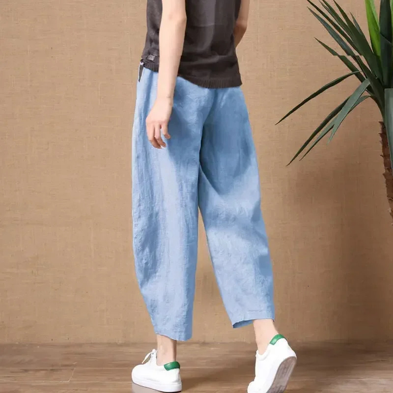 Oversize Pants Summer Thin Nine Points Loose Korean Fashion Womens Clothing Cotton Linen Middle Waist All-match Womens Pants 250320