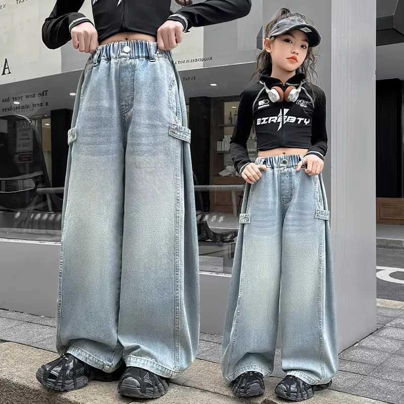 Spring New Teen Girls jeans high waisted wide leg pants casual style Trouser clothing loose fit for children Korean blue jeansT250326