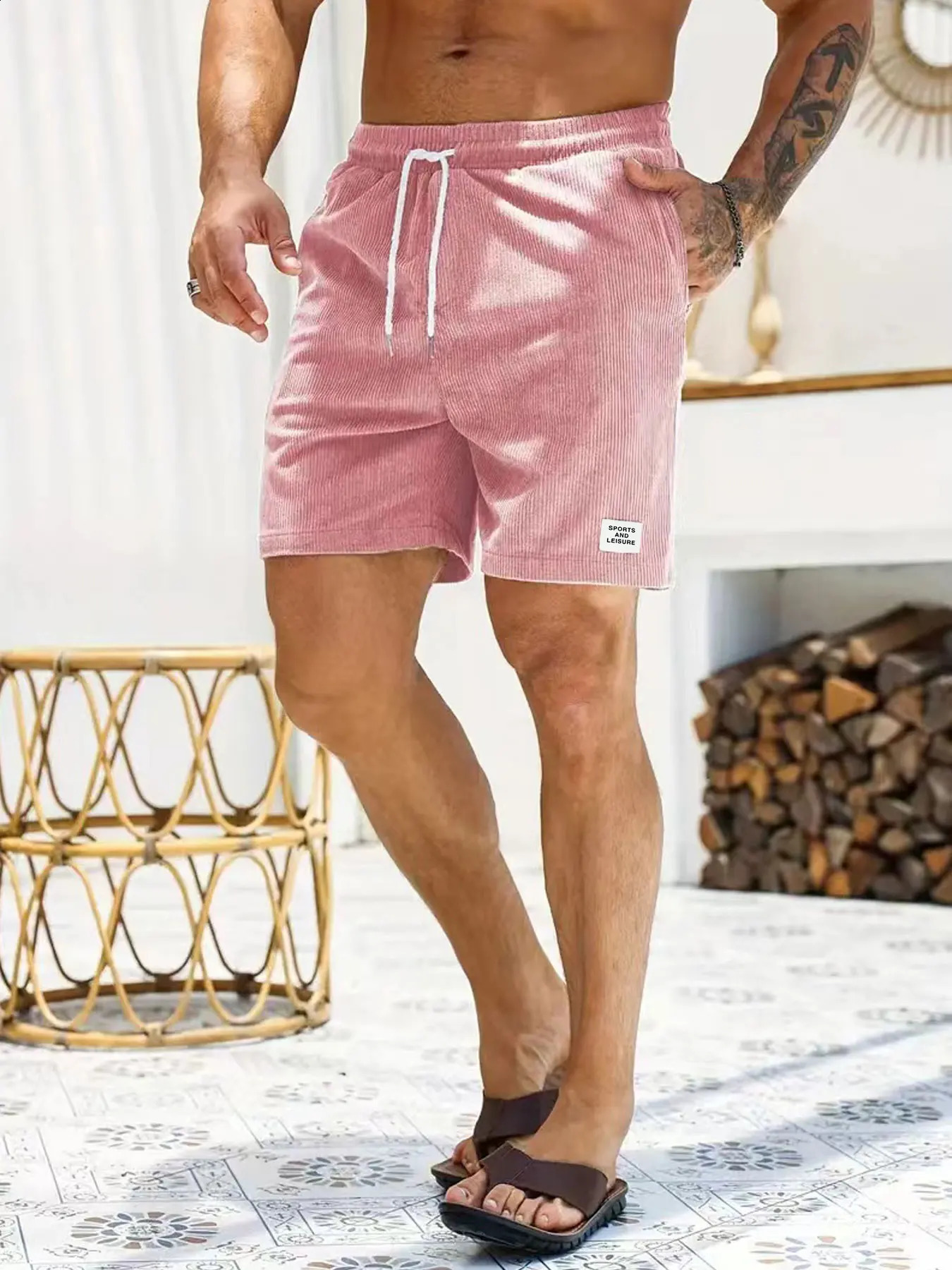 Summer Solid Color LaceUp Sweatpants Corduroy Simple Quarter Shorts Mens Casual Pants 250319