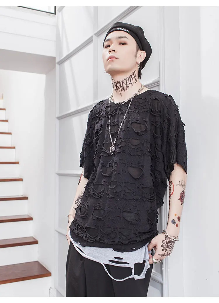 Dark summer personality hole alternative perspective mesh loose short sleeve Tshirt trendy mens ins bottom coat shirt 250320