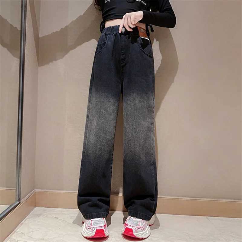 Girls Spring and Autumn Jeans 2024 Korean Childrens Edition Gradient Wide Leg Pants 6-15 Years OldT250326