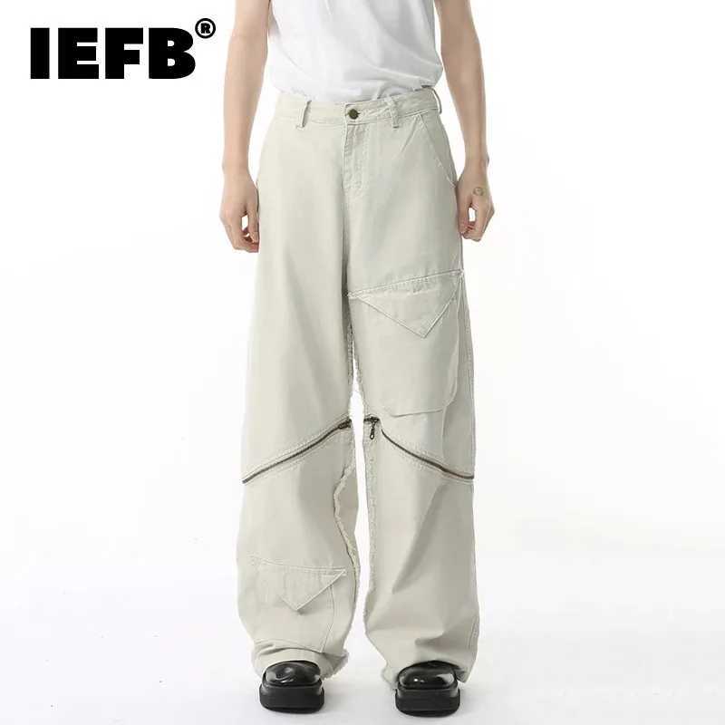 IEFB Mens Niche Denim Trouser Pocket Splicing Zipper Design Fashion Work Clothes Original Edge Mens Straight Jeans Tide 9W618T250319