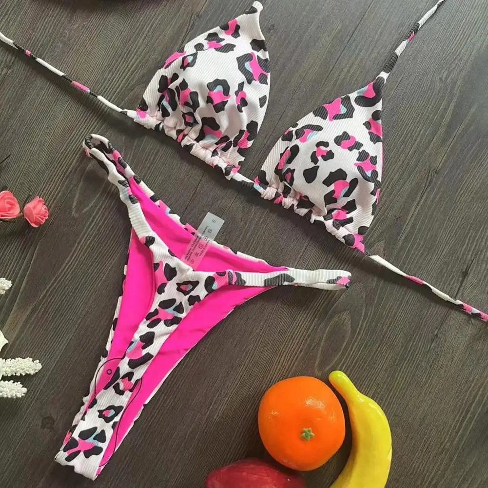 Breathable Swimsuit Leopard Print Halter Bikini Set Cherry Print Thong Swimsuit Sexy High Waist Lace-up Bathing Suit for Women 250319