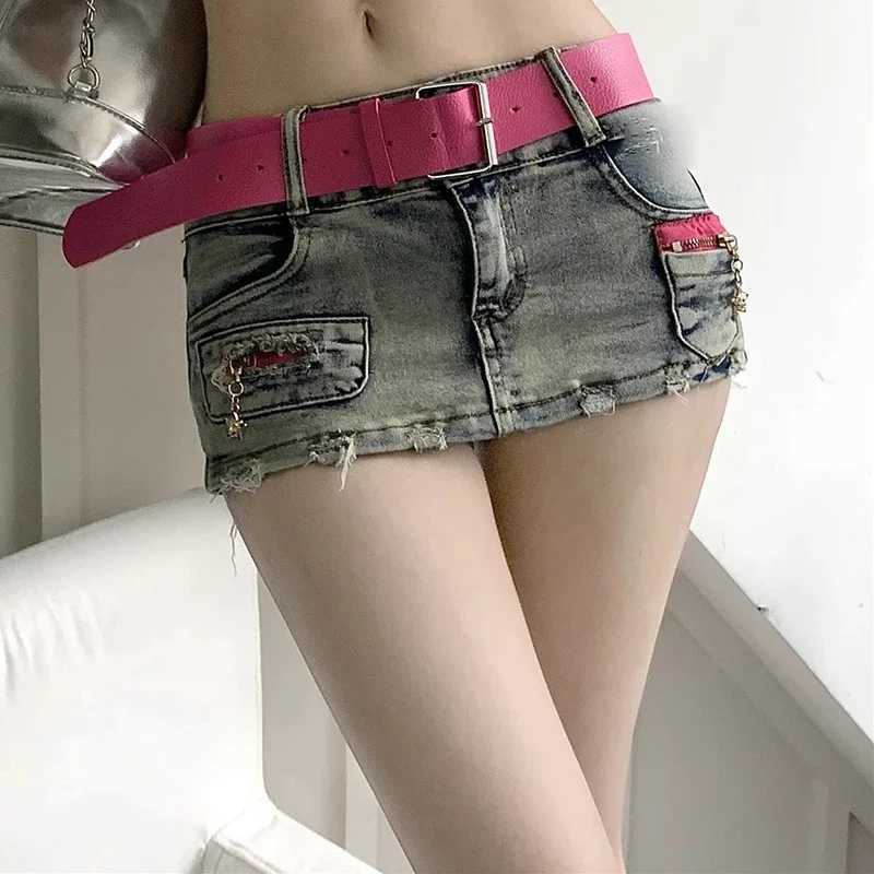 Womens high waisted fashionable patchwork denim dress womens Y2k retro Harajuku shorts dress girls Korean streetwear blue dressXJ250320