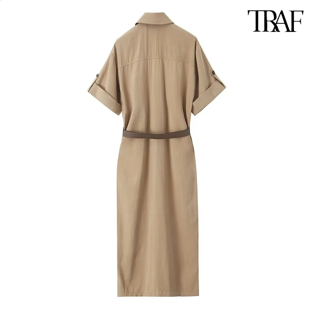 TRAF Belt Tie Petticoat Style Dress Flap Neck Single Breasted High Waisted Short Sleeve Slim Womens MidiDresses 250319