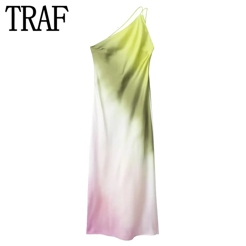 TRAF Tie Dye Long Dress Womens Asymmetric Satin Backless Dress Womens Off Shoulder Sexy Evening Dress Midi Summer Dress 250320