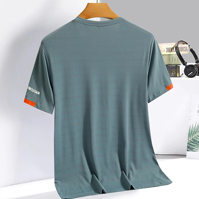 Mens summer ice silk Tshirt round neck sports shirt simple running and fitness set thin breathable quick drying 250320