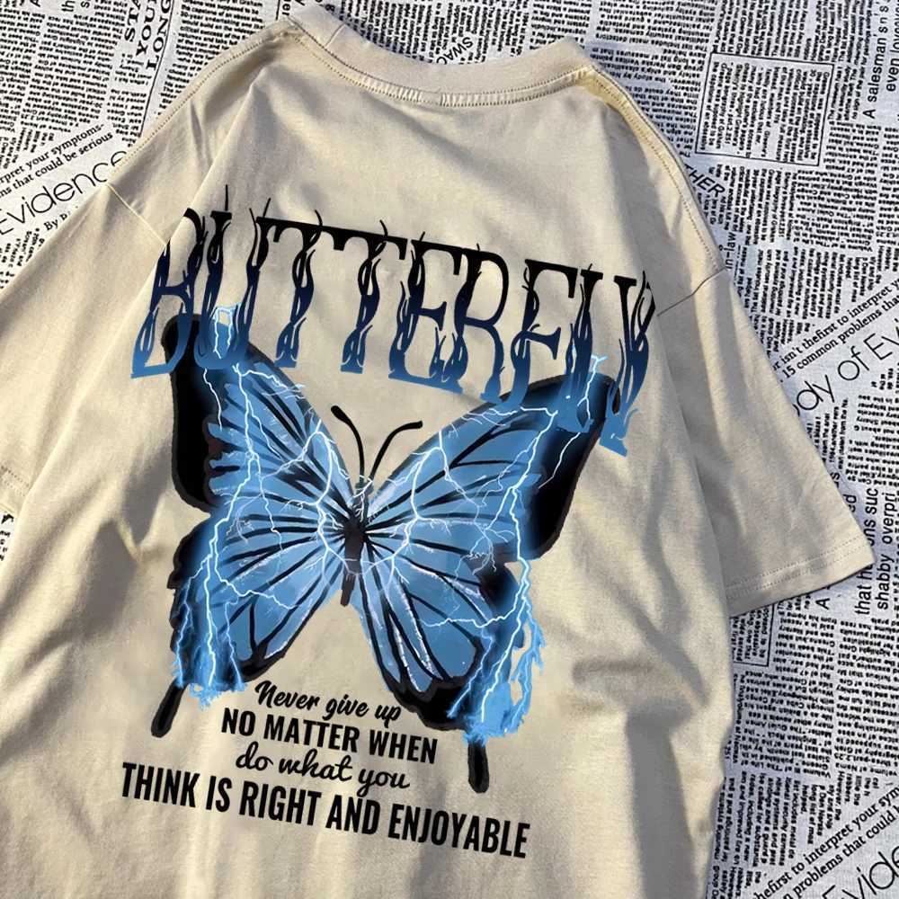 Blue Lightning Butterfly Creative Word T-Shirt Men Casual Oversized T-Shirt Casual Loose Tee Clothes Pattern Quality TopsT250319