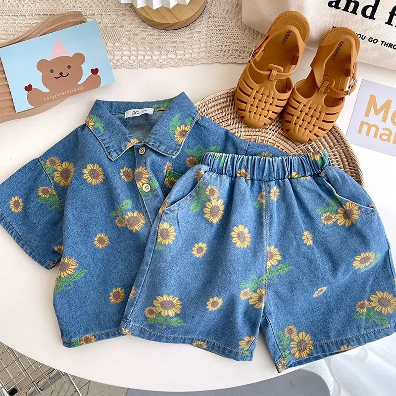 Summer Girls Boys Casual Two Pieces Jeans Suit Baby Kids Children Denim Clothing Set Blouse Shorts 250319