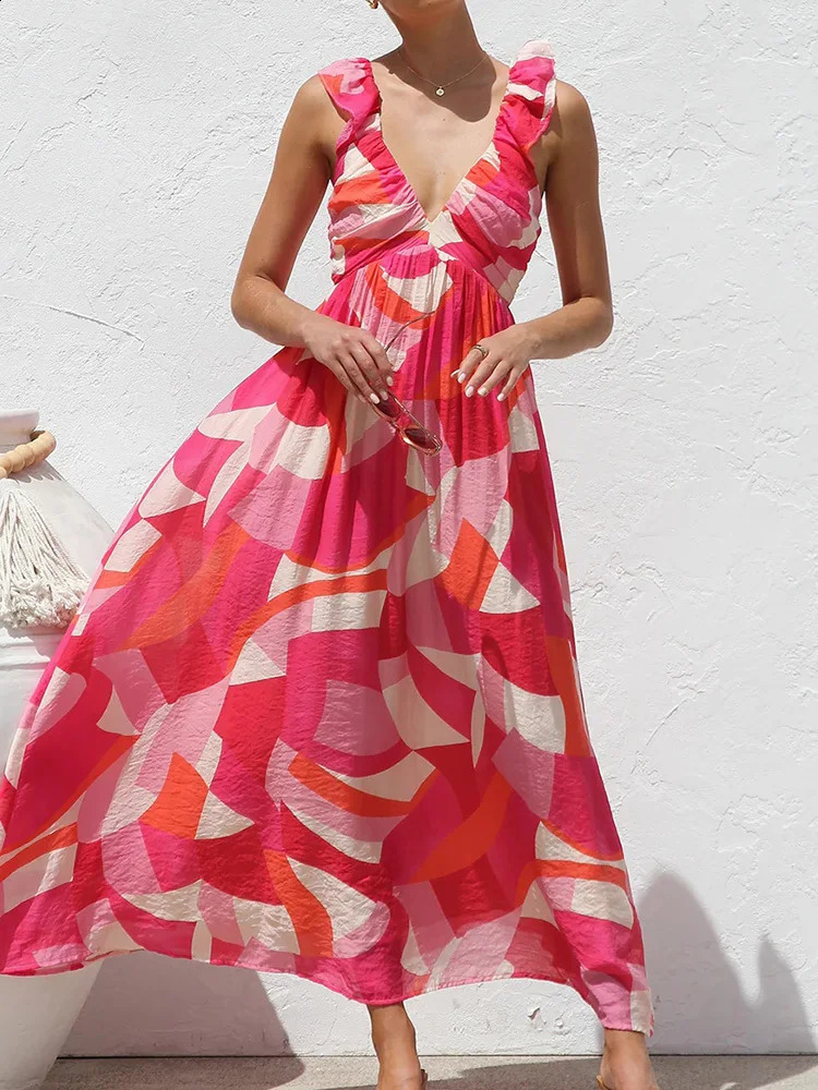 backless patch work simple party dress womens summer sleeveless deep Vneck Maxi printed fashionable 250317