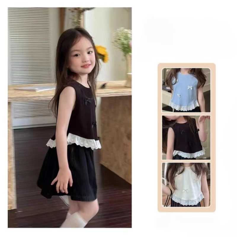 Fashion childrens vest girls summer short sleeved bow flower lace clothing childrens casual clothing cute T-shirtT250320