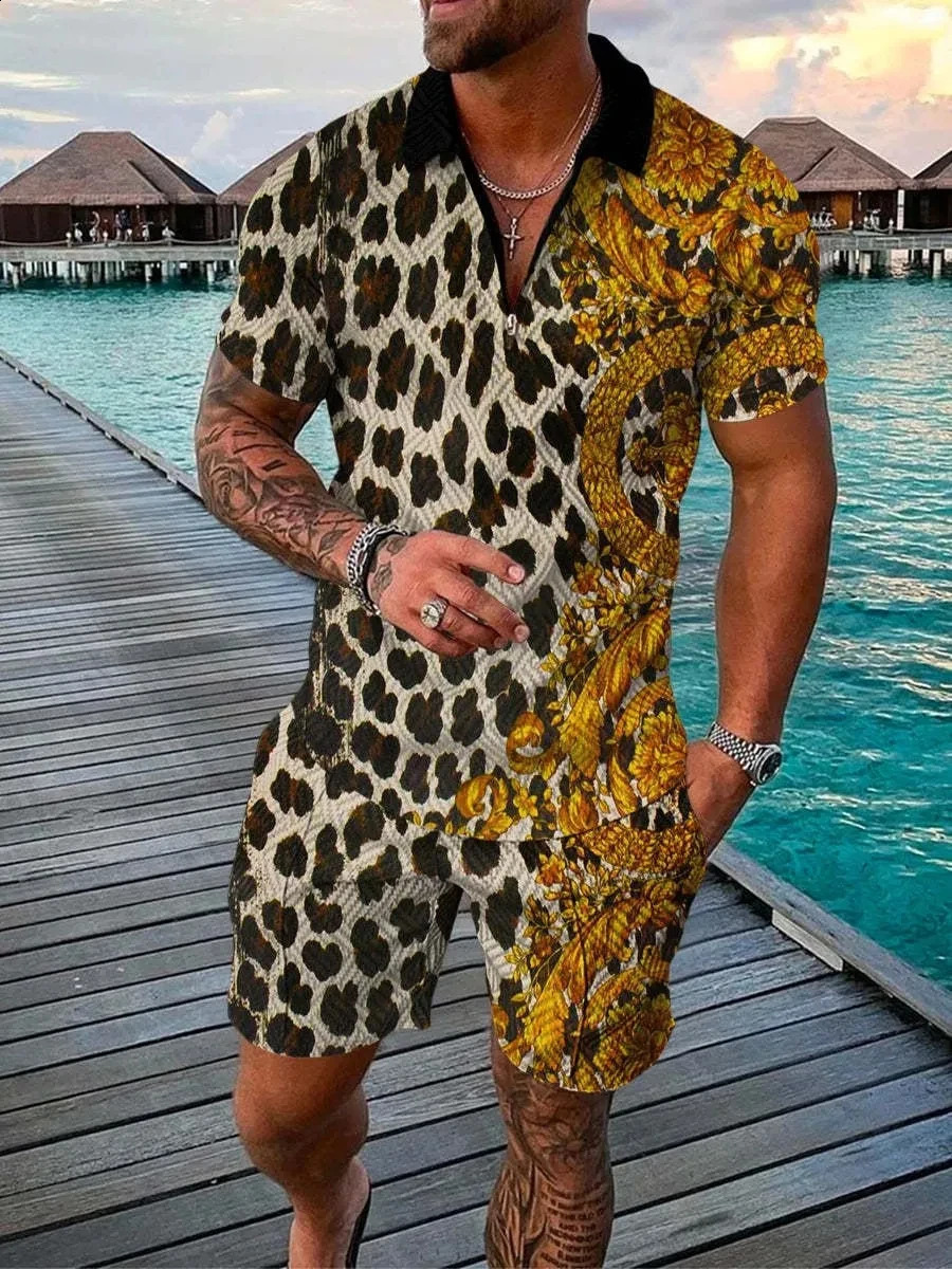Abstract Pattern 3D Printed Polo Shirt 2-piece Zipper Collar Polo Set Zipper NecklaceShorts Hawaiian Holiday Style Mens Wear 250318
