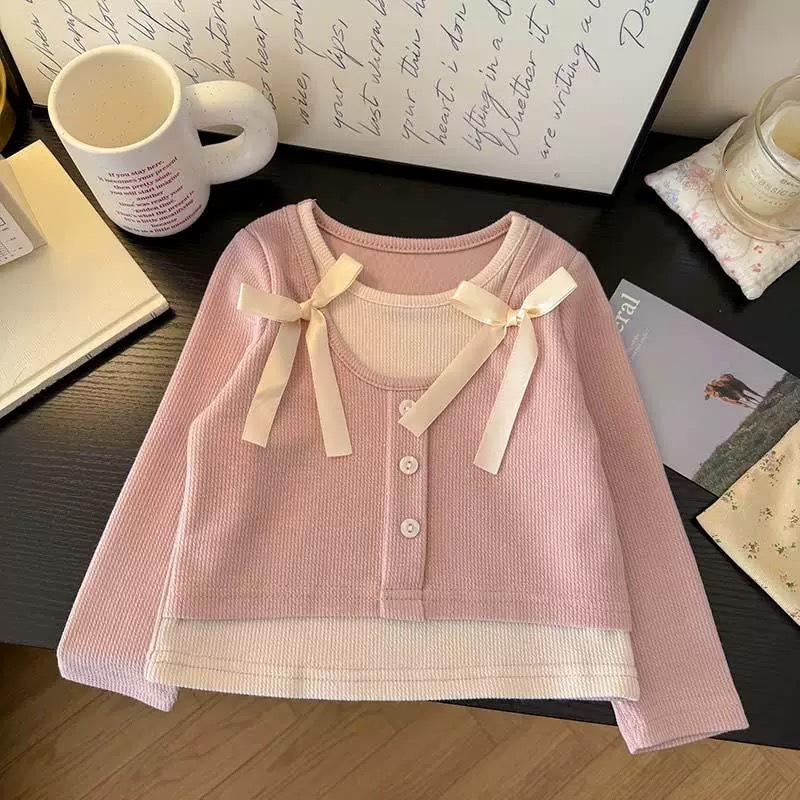Ddmyshoesvip Girl S Spring Sweet Fake Two Piece T Shirt New Korean Version Versatile Women S Treasure Fashion Western Bow Top