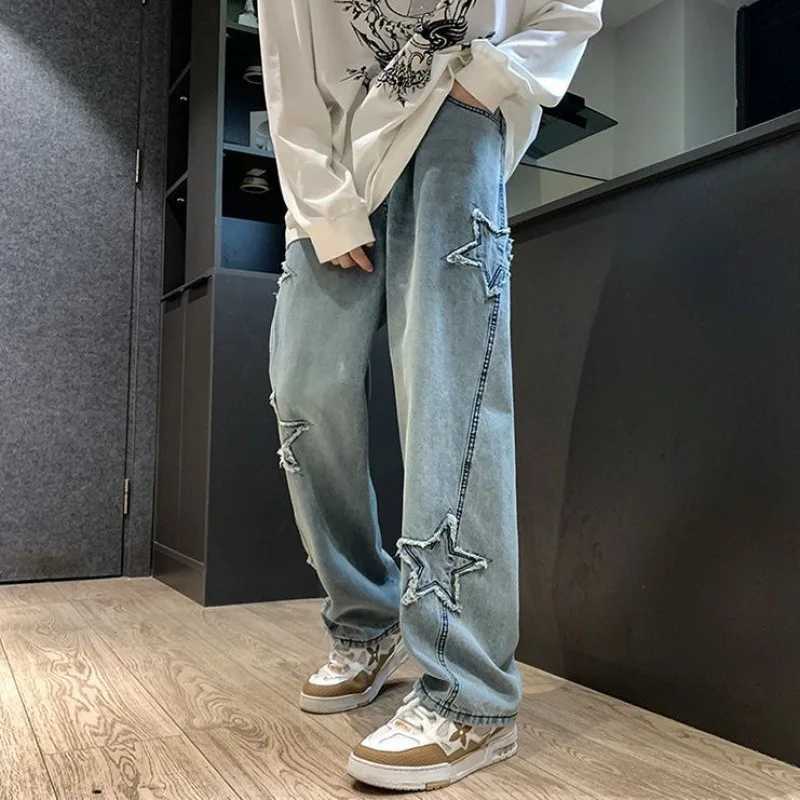 New Mens Star Embroidered Fashion Loose Jeans Y2K High Street Hip Hop Stretch Soft Straight Wide Leg Denim Trousers MenT250319