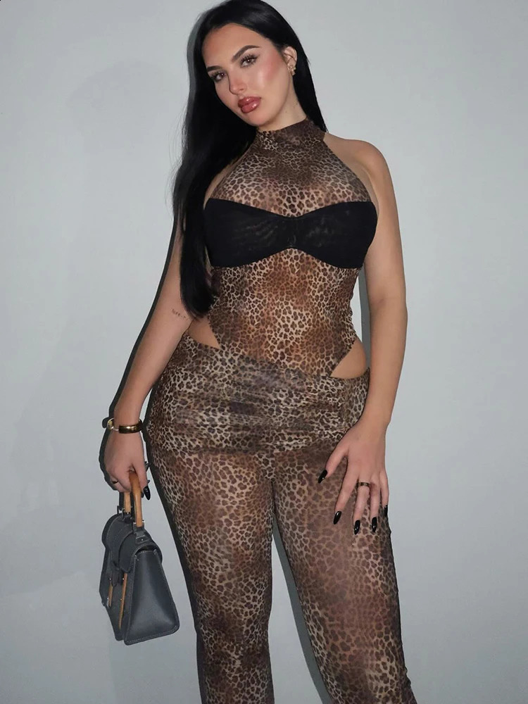 Weird Puss Leopard Print 2 Piece Set Women See Through Sexy Chest Wrap Sleeveless BodysuitFlare Pants Matching Midnight Club 250319