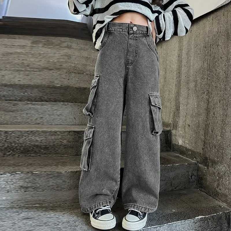 Girls Spring Jeans Large Child Pocket Overalls 2024 New Spring Childrens Fashion Large Child Pants Wide Leg JeansT250326