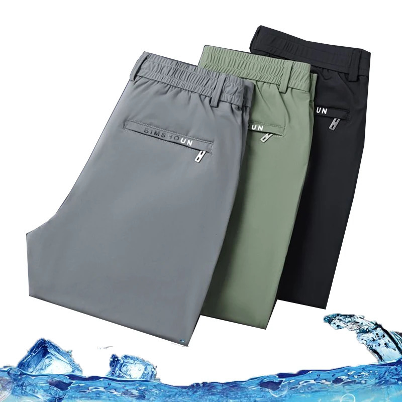 Summer Business Ice Silk Pants Straight Elastic Waist Black Grey Trouser Breathable Simple Mens Clothing Casual 250320