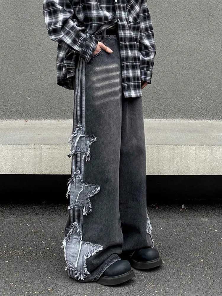 2024 Clothing Y2K Streetwear Star Patch Embroidery Baggy Stacked Jeans Pants For Men Clothes Wide Leg Old Straight Denim TrousersT250319