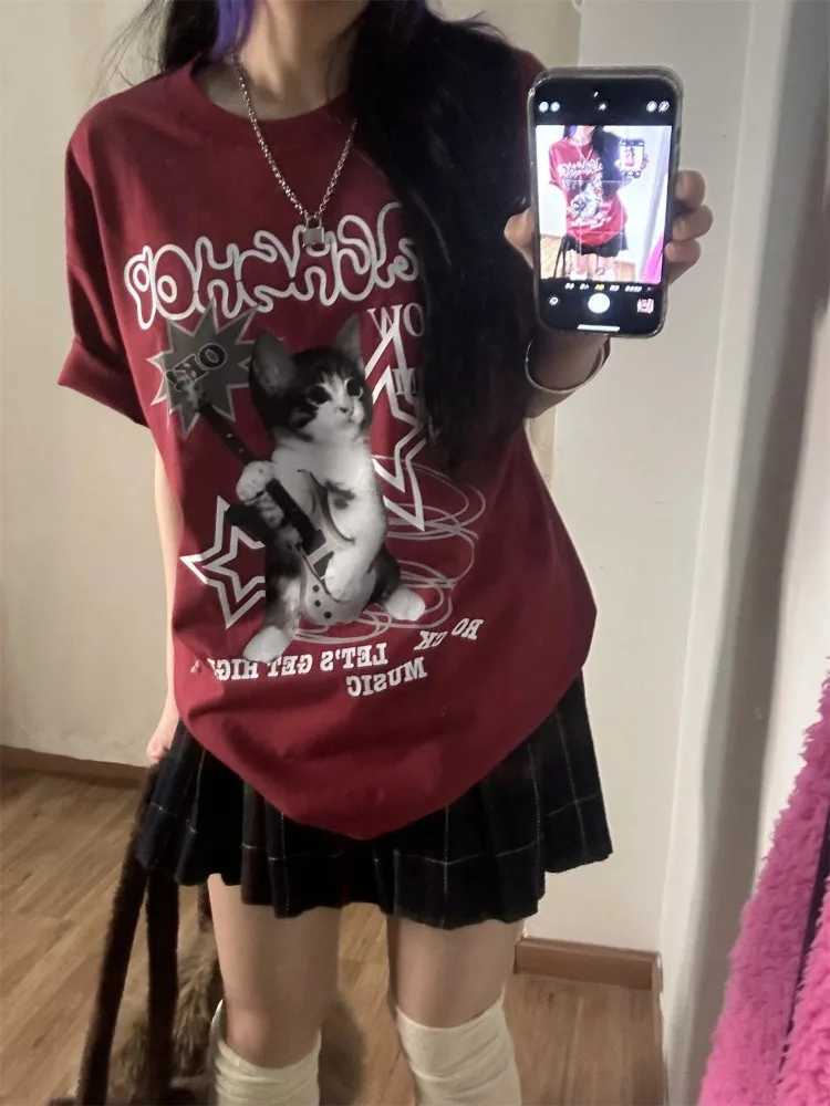 Houzhou Kawaii Cat Printed Red T-shirt Womens Harajuku Super Punk Style Top Cute Graphic Short Sleeve T-shirt Cotton CasualT250320