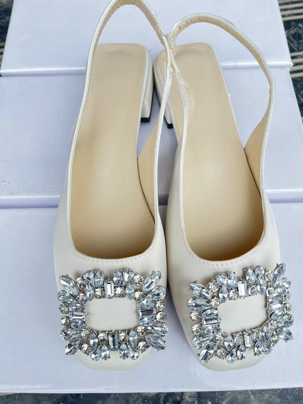 Women's open-back single shoes with square toes thick heels square buckles rhinestones fairy style and French style for summer new