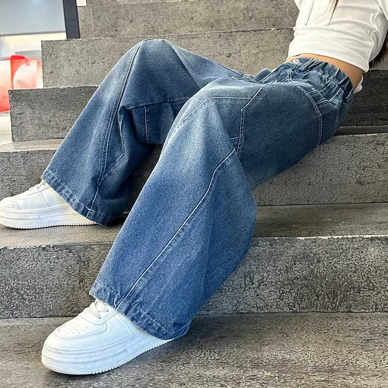 Spring and autumn teenage girls jeans high waist wide leg pants childrens loose fit Korean blue jeans casual style Trouser clothingT250326