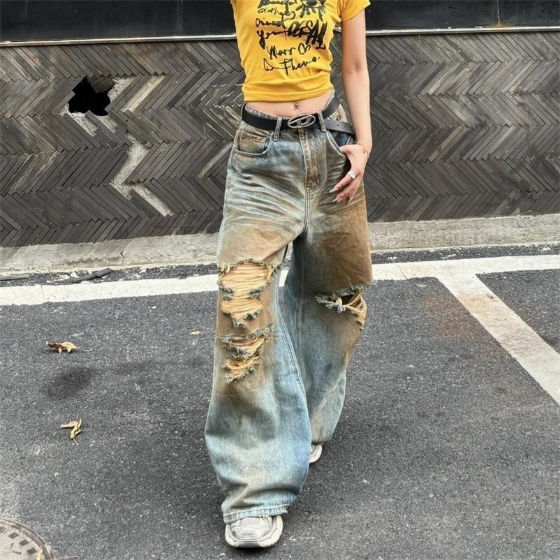 Fashion vintage old yellow mud dirty dyed ripped jeans for women summer casual versatile style wide-leg pants 250319