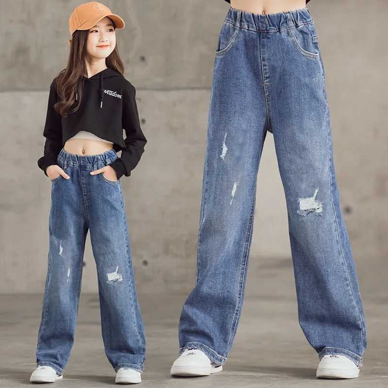 Girls jeans spring automatic casual loose side gradient color childrens hole wide leg underwear 3-12 years old teenagers school children TrouserT25023