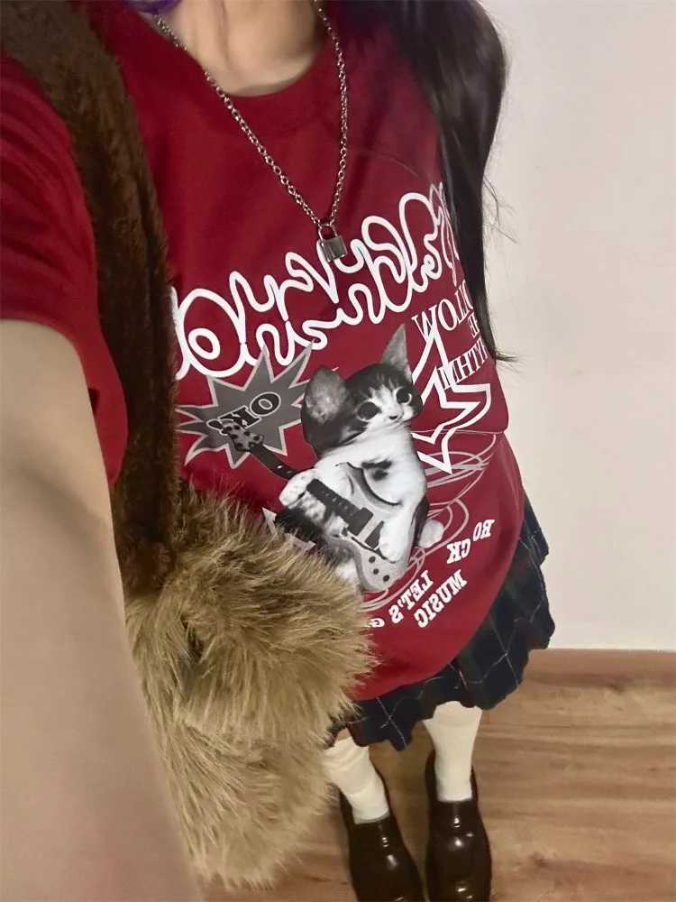 Houzhou Kawaii Cat Printed Red T-shirt Womens Harajuku Super Punk Style Top Cute Graphic Short Sleeve T-shirt Cotton CasualT250320