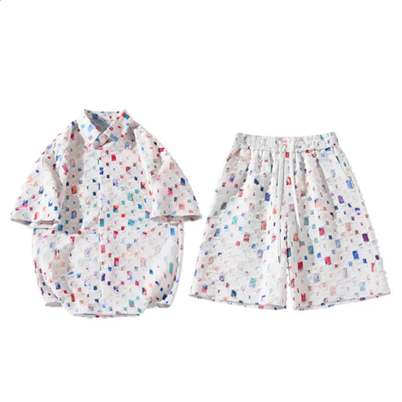 Summer Plaid Sets Men Fashion Short Sleeved Shirt/Shorts Two-piece Mens Streetwear Loose Hollow Out Set Mens Short Sets M-5XL 250319