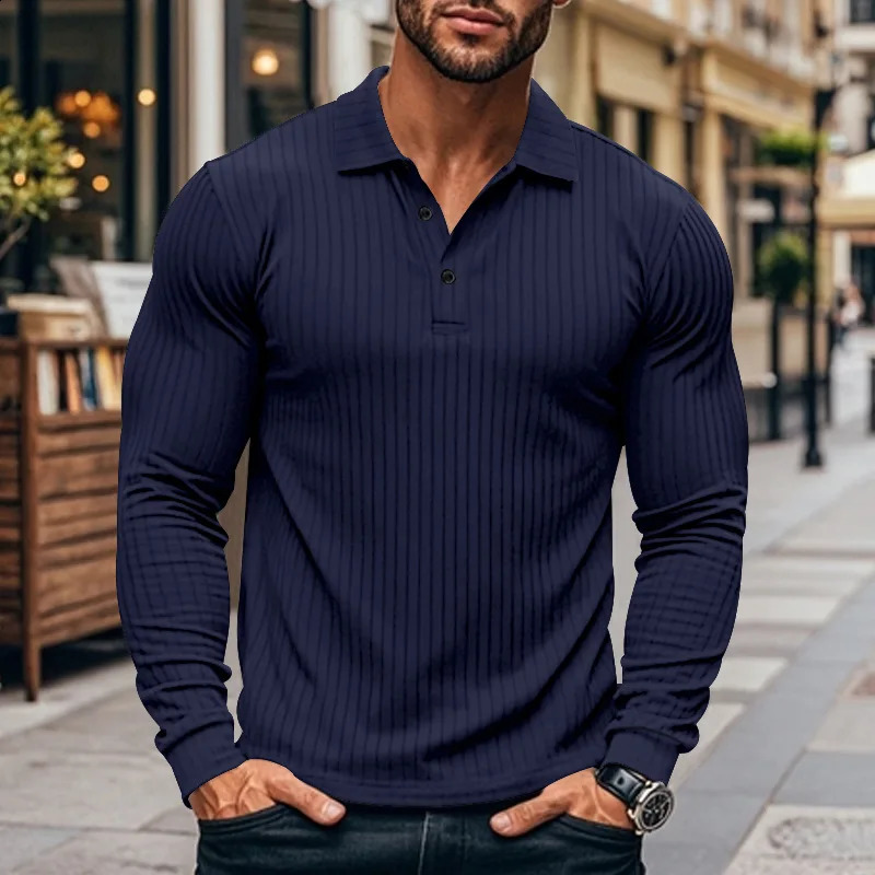 Cross border mens classic casual American lapel button long sleeved Tshirt elastic pit stripe polo shirt 250318