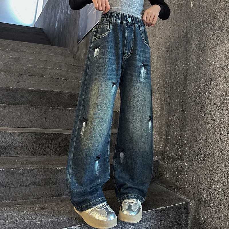 Girl Bow Graffiti Wide Leg Jeans Teen Fashion Casual Edition Straight Trend Wide Leg Pants 5-15 Years OldT250326
