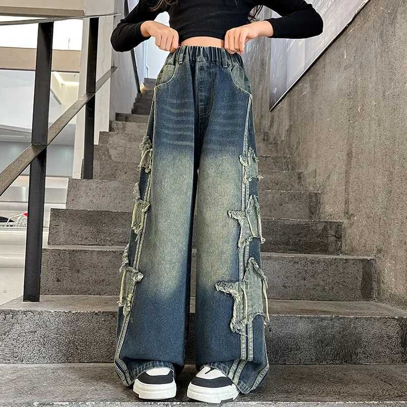 Girl retro side five point star patch design patch work jeans straight pull wide leg three person straight pants 5-14 years oldT250326