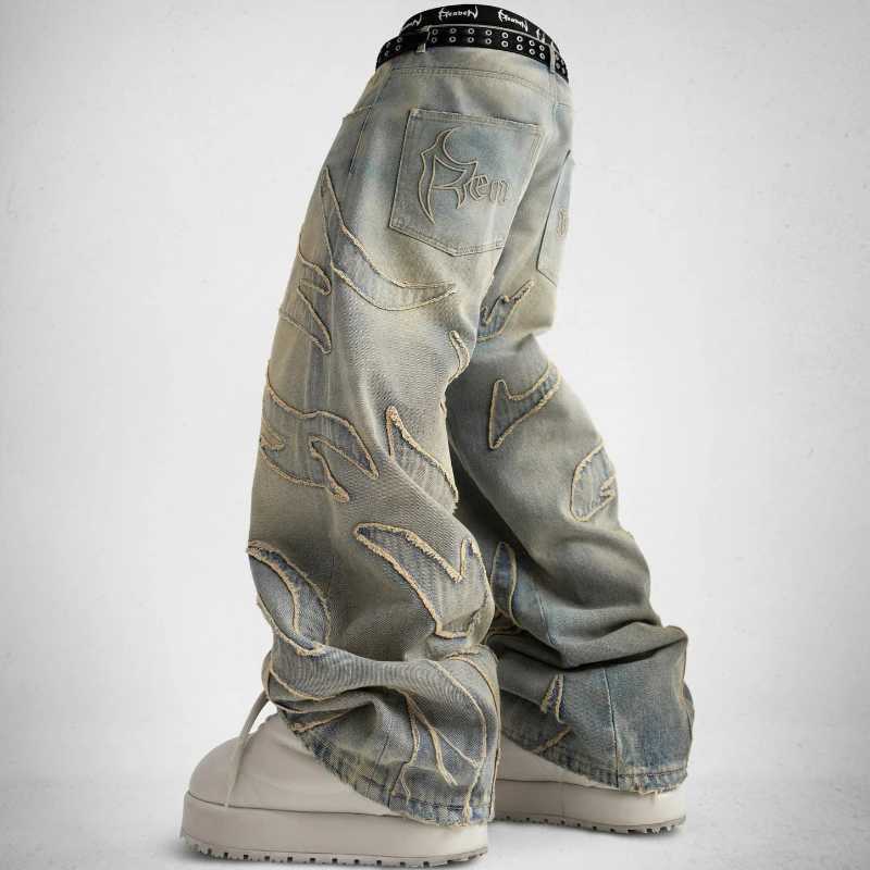 Y2K Essence Baggy Jeans Washed Retro Patchwork Embroidered Unisex Streetwear Gothic Heavy Casual Straight PantsT250319