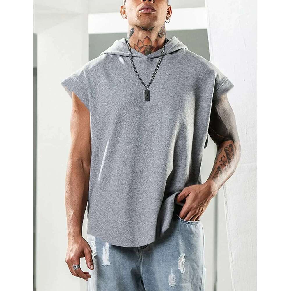 Men's Hooded T-shirt, Solid Color, Casual Sweater, Sport, Sleeveless, Wide Vest, New Collection 2024
