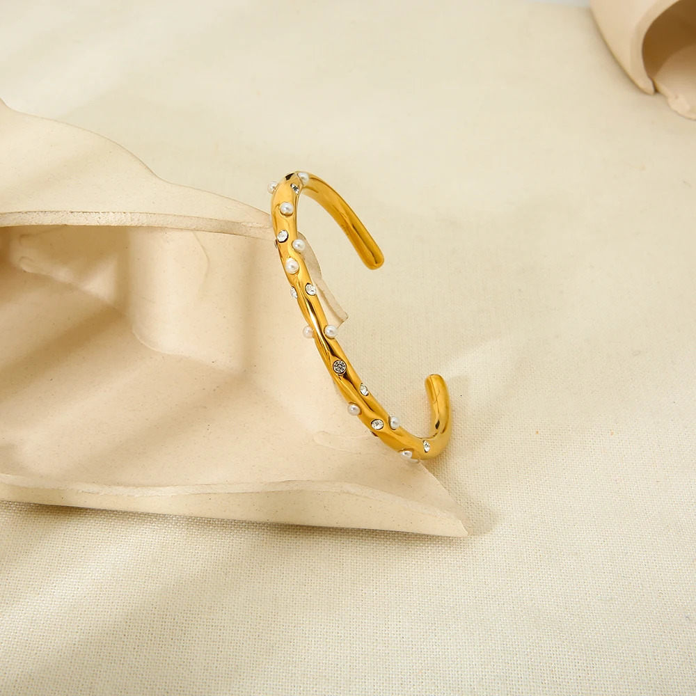 Vintage 18K Gold Plated Stainless Steel Cuff Bracelets Irregular Pearl Stone Opening n Bangle for Party Gift 250320
