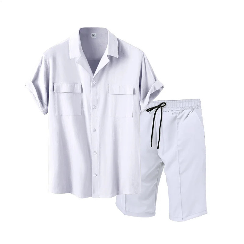 Casual Fashion Mens Suit Summer Beach Style Solid Color Mens Shirt Short Sleeve and Shorts Two-Piece Set Mens Clothing 250314