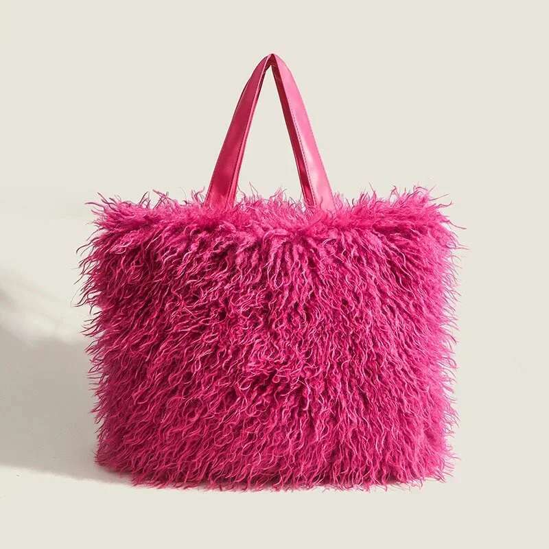 2025 Girl Large Capacity Tote Women's Vintage Plush New Korean Fashion Solid Color Handbag Imitation Fur Casual Work Bag