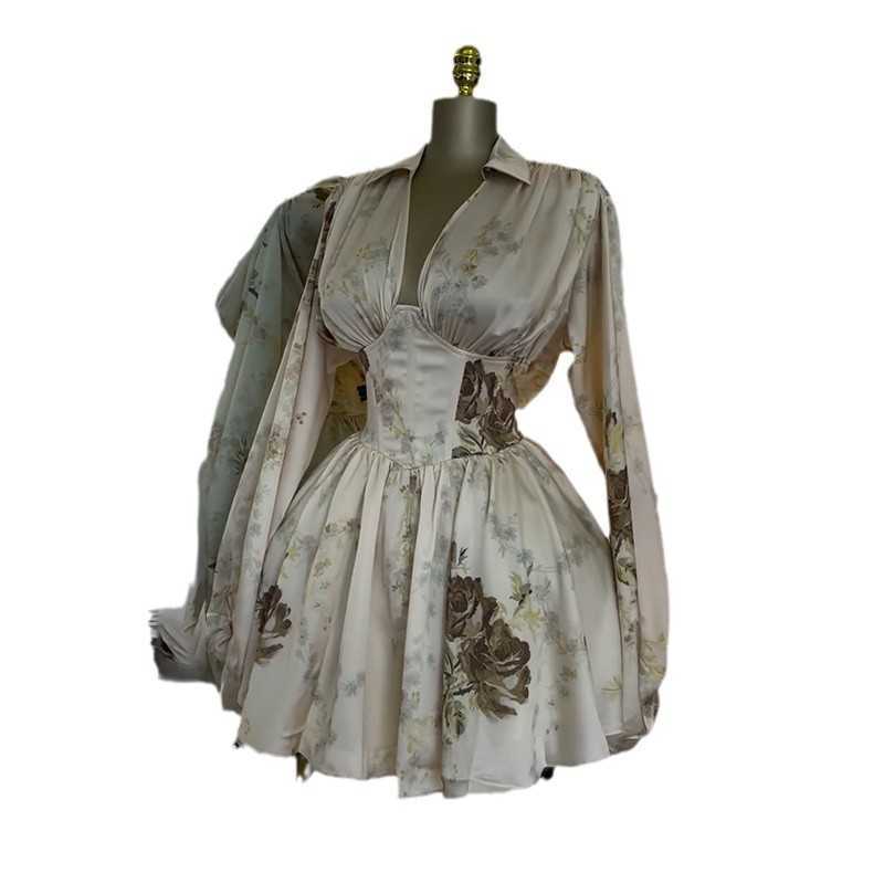 Women's Spring New Style Elegant Printed V-neck Lantern Sleeve High waisted Dress Short Skirt 250315