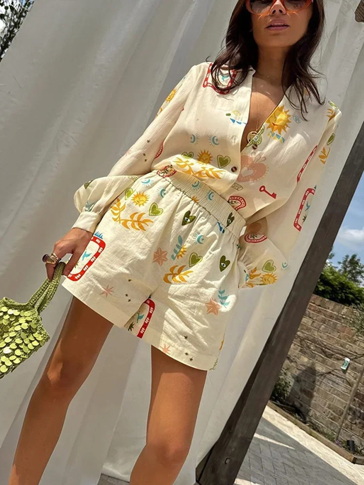 Fashion Prined Elastic Waist Pockes Shorts Suit Women Loose Lapel Buttons Long Sleeved Shirt Set Lady Causal Vacation Outfit 250319
