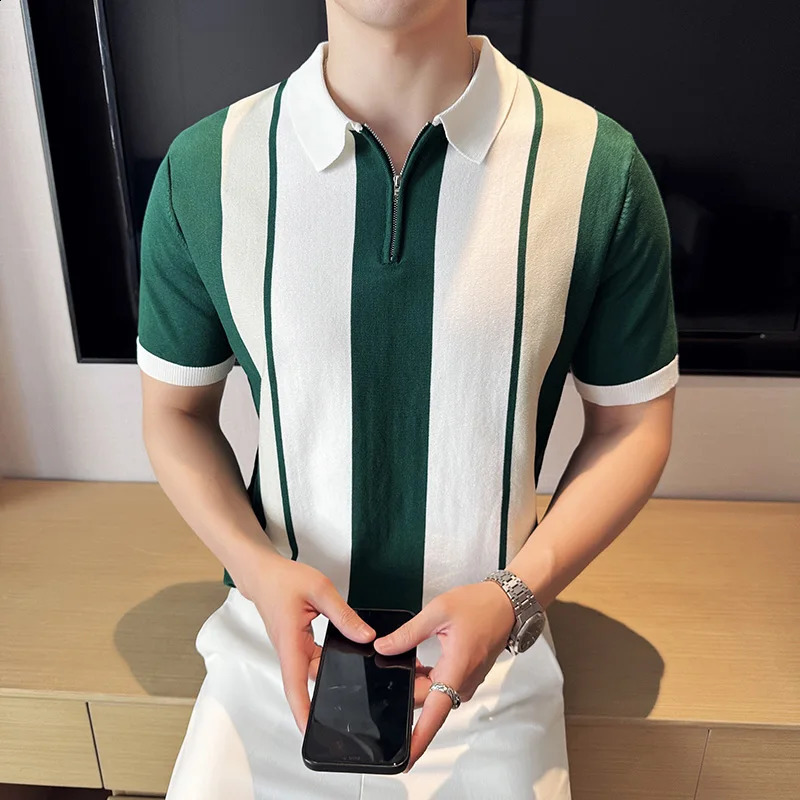 Cuban Collar Knitted Fabric POLO Shirt Mens Summer Short-sleeved Pullover T-shirt Shirt White Green Black Men Top M L XL XXXL 250317