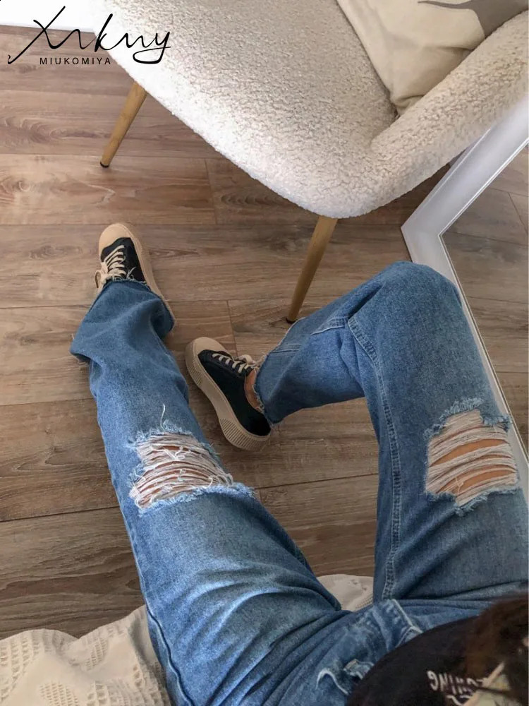 MiuKoMiYa Ripped Jeans For Women Streetwear Straight Denim Pants High Waist Long Denim Trousers Women Hollow Out Jeans 250314