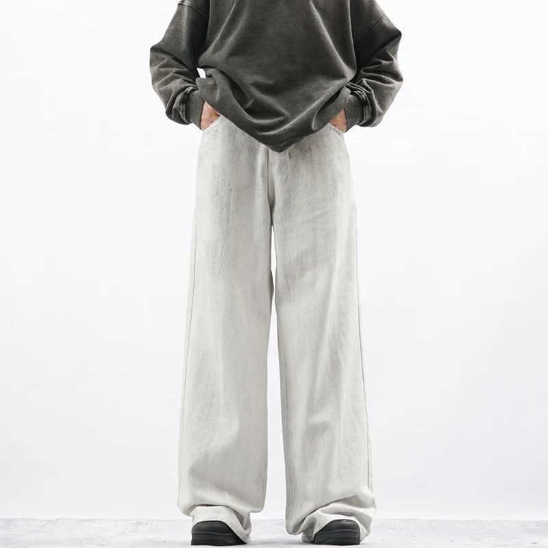 New Men Loose Daily Draping Wide Leg Jeans Male Vintage Design Wash White Denim Pants Fashion Streetwear Casual Denim TrousersT250319