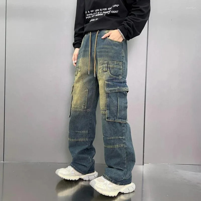 2025 S Fashion Designer Men S Jeans Hip Design Dark Grey Cargo Pants For Men Loosen Fit Wide Leg Spliced Denim Trousers