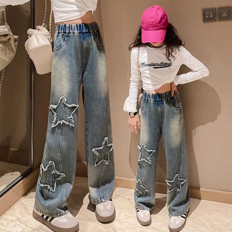 Spring Autumn Teenager Girls Wide Leg Jeans Children Trousers 2024 New Fashion Star Pattern Girls Denim Pants 5-14Y Kids ClothesT250326
