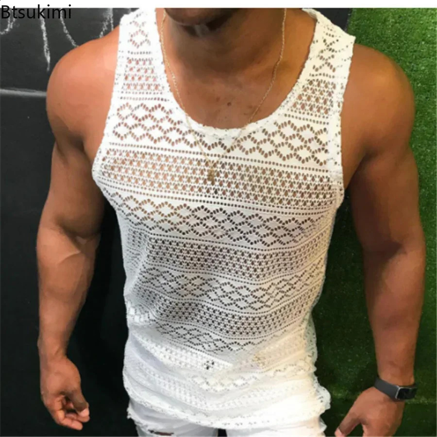 Summer Tank Top for Men Lace Hollow Out Sleeveless Shirts Mens Clothing Slim Fit Gym Clothes Workout Solid Vest Tops Male 250318