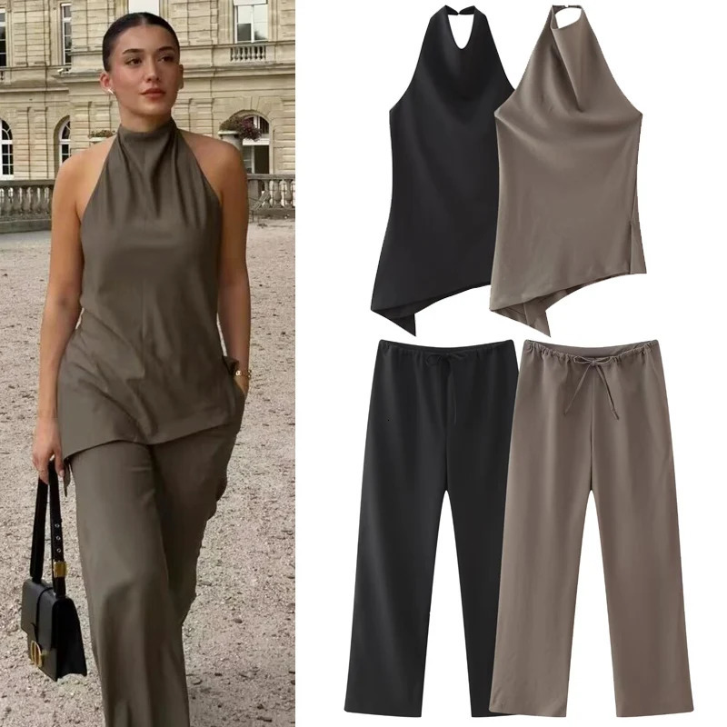 HXAO Sets For Women 2 Pieces Satin Pant Sets Matching Sets Autumn Asymmetric Crop Halter Top Lace-Up High Waist Trousers Set 250320