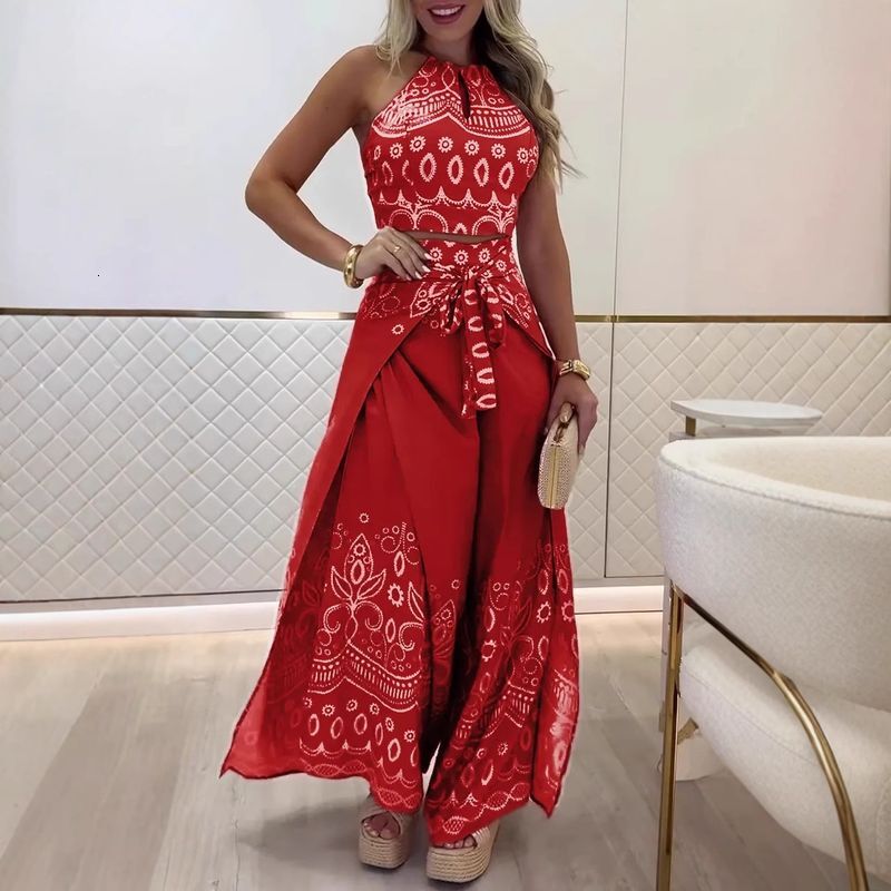 Womens Clothing Spring And Summer New Retro National Style Halter Top Wide Leg Pants Set