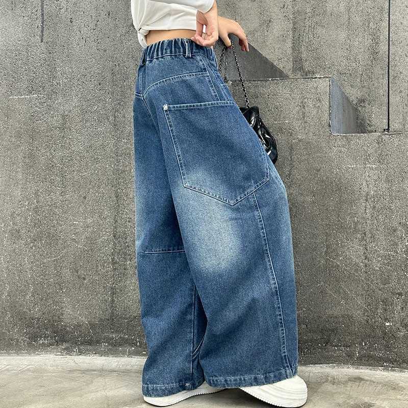 Spring and autumn teenage girls jeans high waist wide leg pants childrens loose fit Korean blue jeans casual style Trouser clothingT250326